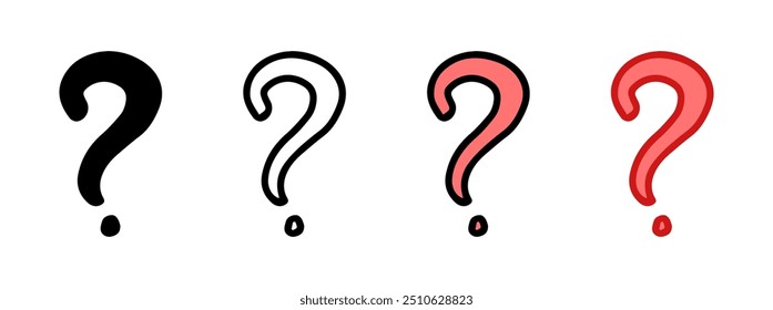 Set of question marks featuring colored illustrations, black silhouette, black outline versions. Isolated on white background. Concept of inquiry, curiosity, confusion, punctuation. Design elements.