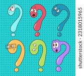 A set of question marks in the form of funny cartoon characters with different emotions, for social networks, print, design. Vector graphics.