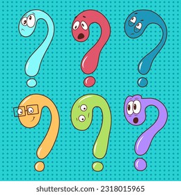 A set of question marks in the form of funny cartoon characters with different emotions, for social networks, print, design. Vector graphics.