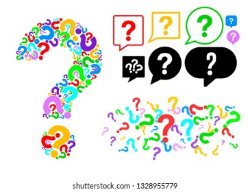 Set of Question marks scattered. Quiz, doubt, poll, survey, faq, interrogation, query background. Colored template for opinion poll, public poll. Rainbow color. Vector illustration.