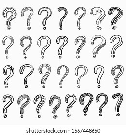 Set of question marks a sketch by hand-drawn in a vector format. Stylized cartoon question marks isolated in a white background. Simple vector illustration for graphic and web design.