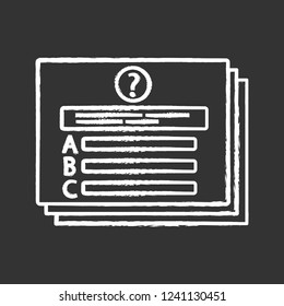 Set of questions chalk icon. Test, exam, quiz game. Questions block. Educational testing. Isolated vector chalkboard illustration