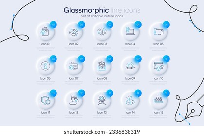 Set of Queue, Computer fingerprint and Wallet line icons for web app. Salary, Info, Bribe icons. Fire energy, Sunset, Co2 signs. Fireworks, Loyalty points, Verification document. Vector