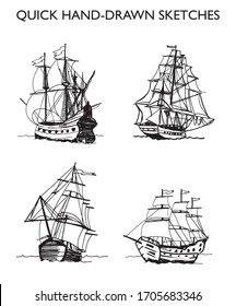 Set of Quick hand-drawn sketches in black and white. Sketch of sailing old ship. Illustration. Original drawn.