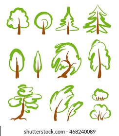 Set of quick sketchy drawings of different trees. EPS8