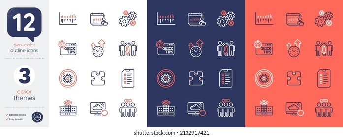 Set of Quick tips, Accounting and Time management line icons. Include Column diagram, Cogwheel, Hospital building icons. Puzzle, Stop coronavirus, Employees group web elements. Vector