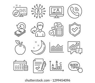 Set of Quick tips, Approved agreement and Cashback icons. Money diagram, Accounting and Bill accounting signs. Survey results, Online video and Calendar symbols. Vector