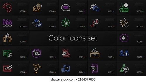 Conjunto de iconos de línea de trabajo de equipo de guía de inicio rápido, Donación y Empleados. Incluya Tomate, tecnología 5g, iconos de divisas de Exchange. Ubicación de la foto, gesto de pantalla táctil, elementos web de igualdad. Vector