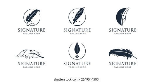 Set of quill signature logo design. Minimalist feather ink logo template.