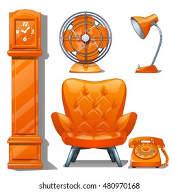 Set of quilted leather chair orange color, table lamp, fan, grandfather clock and telephone. Furniture for interior modern style isolated on white background. Vector cartoon close-up illustration.