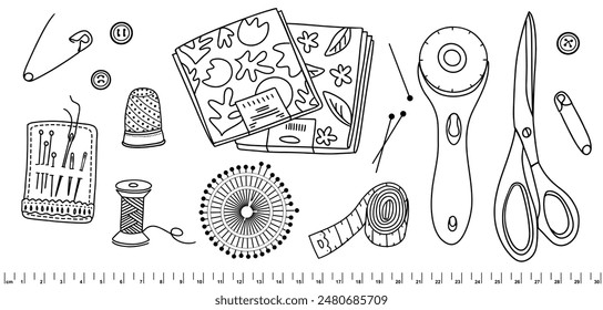 Set of quilting tools and materials. Fat quarters, scissors, pins, thread and rotary cutter, buttons, tape measure. Sewing, quilting hobby. Hand drawn doodles