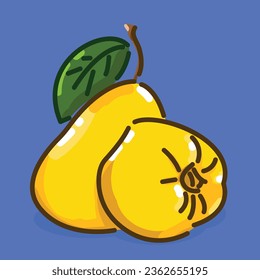 Set of Quince fruit, Flat Vector illustration in Outline Stroke style, Colorful fruit with shadow and light icon, isolated on colored background.