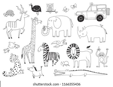 A set of quirky African animals seen on safari. Vector illustration. 