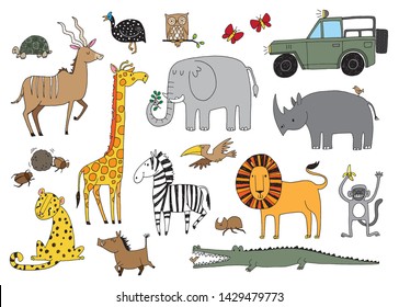 A set of quirky African animals seen on safari. Vector illustration. 