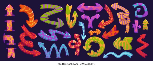 Set of quirky arrows isolated on background. Vector illustration of contemporary cartoon spiral, round, twisted pointers decorated with colorful abstract striped, dotted, flower, spotted patterns