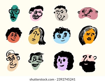 Set of quirky bright portraits. Template vector diverse people. Hand drawn design cute funny characters. Trendy modern cartoon. Art, minimal, abstract contemporary style. Avatar, icon, logo templates.