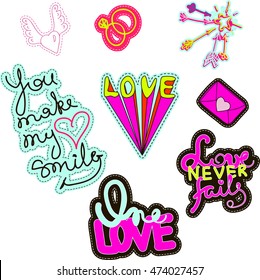 set of quirky cartoon patch badges or fashion pin badges. One love, you make my heart smile, love never fails