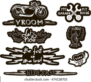 Set Of Quirky Cartoon Patch Badges Or Fashion Pin Badges. Set Of Vintage Motorcycle Emblems, Labels, Badges, Logos And Design Elements. Monochrome Style.