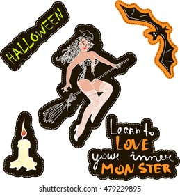 set of quirky cartoon patch badges or fashion pin badges. Halloween, Halloween party decoration, wrapping paper, textile print. Girl (Witch) Pin-Up. sexy pin-up girl (Witch) is sitting on a broom