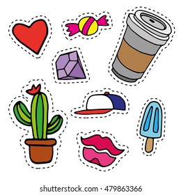 A set of quirky cartoon patch badges or fashion pin badges including heart, candy, coffee cup, diamond, baseball hat, cactus with flower, lips and ice cream. Vector hand drawn fashion stickers kit.