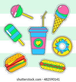 A set of quirky cartoon patch badges, a set of fashion pin badges, a set pop art food, fastfood in pop art style