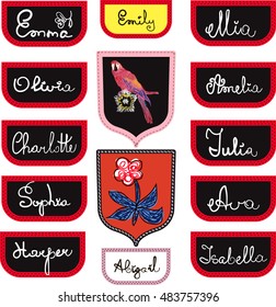 set of quirky cartoon patch badges or fashion pin badges. Popular female names