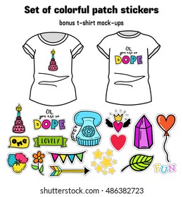 A set of quirky cartoon patch badges. Bright fashion pins. Fun stickers.