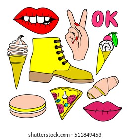 A set of quirky cartoon patch badges or fashion pin badges