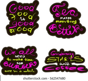 set of quirky cartoon patch badges or fashion pin badges. We all need to make time for a burger once in a while. Good morning starts with coffee