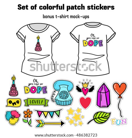 A set of quirky cartoon patch badges. Bright fashion pins. Fun stickers.