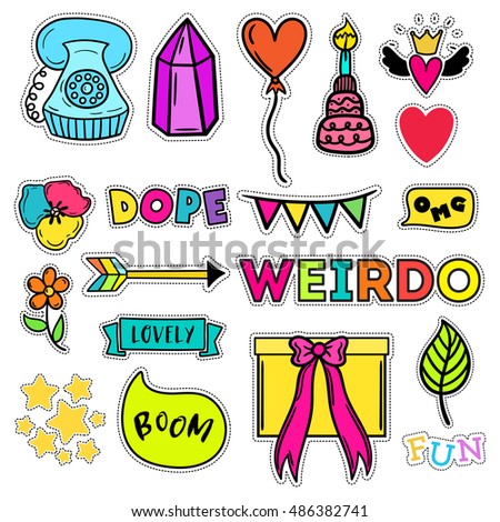 A set of quirky cartoon patch badges. Bright fashion pins. Fun stickers.