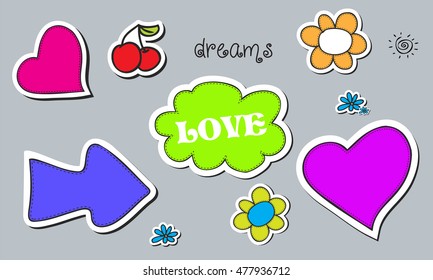 set of quirky doodle patch badges or look pin color colour makeup love cherry pink rock vegetation textile flower nails hand rainbow explosion party make fabric festival tissue stone music drawn stree