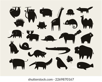 Set of quirky, funny animal icons in a modern flat style. Elephant, horse, sloth, buffalo, giraffe, camel