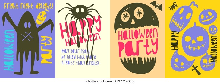 Set of quirky Halloween cards with playful designs, featuring ghosts, pumpkins, spiders, and bats in bold colors and simple shapes on vibrant backgrounds.