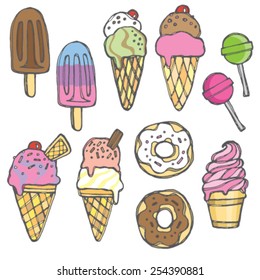 A set of quirky hand drawn ice cream treats. Vector illustration. 