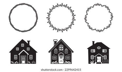 Set of quirky house illustrations with floral wreath vector motif. Group of domestic home objects for town collection.