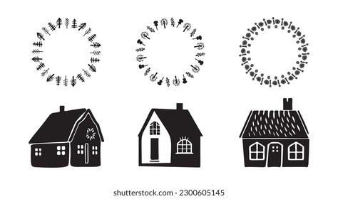 Set of quirky house illustrations with floral wreath vector motif. Group of domestic home objects for town collection.