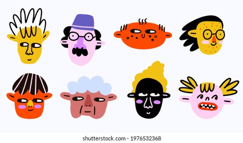 a set of quirky portraits of people of different genders and nations.Persons of different ethnic groups and genders.Lgbt and transgender persons.Childish style by pencil hand drawn.Abstract avatar