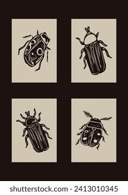 Set of quirky scandi folkart of bug clipart illustrations in woodland scandi style. Collection of linocut forest insect icons