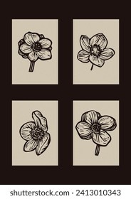 Set of quirky scandi folkart of floral clipart illustrations in woodland scandi style. Collection of linocut forest floral icons. 