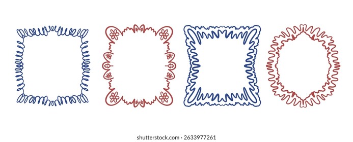 Set of quirky whimsical hand drawn blue and red doodle frames and borders. Cute round and square shapes wreath for wedding invitation, birthday cards, vintage squiggly frame design, line art border