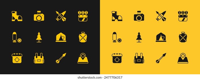 Set Quiver with arrows, Bulletproof vest, Tourist tent, Medieval, Tree, Crossed bullet, Hunter boots and Photo camera icon. Vector
