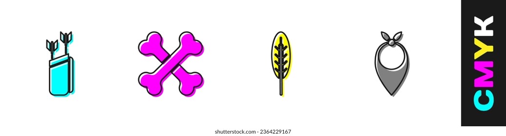 Coloca Quiver con flechas, huesos humanos cruzados, plumas indias e icono de bandana de vaquero. Vector