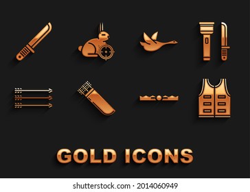 Set Quiver with arrows, Flashlight and knife, Hunting jacket, Trap hunting, Hipster, Flying duck, Hunter and on rabbit crosshairs icon. Vector