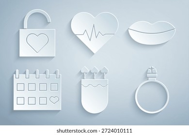 Set Quiver and arrows with heart, Smiling lips, Calendar, Diamond engagement ring, Heart rate and Lock icon. Vector
