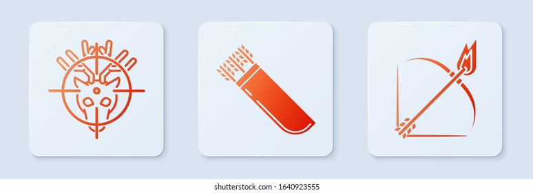 Set Quiver with arrows, Hunt on deer with crosshairs and Bow and fire arrow. White square button. Vector