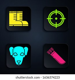 Set Quiver with arrows, Hunter boots, Hunting dog and Target sport for shooting competition. Black square button. Vector