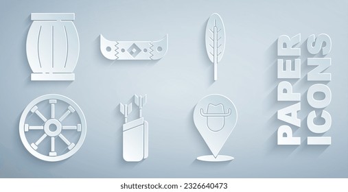 Set Quiver with arrows, Indian feather, Old wooden wheel, Location cowboy, Kayak or canoe and paddle and Gun powder barrel icon. Vector