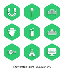Set Quiver with arrows, Indian teepee or wigwam, Location cowboy, Saloon door, Spur, Cowboy,  and Horseshoe icon. Vector