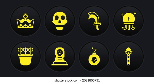 Set Quiver with arrows, Magic ball, Grave tombstone, Bomb ready explode, Sword for game, Skull, wand and King crown icon. Vector